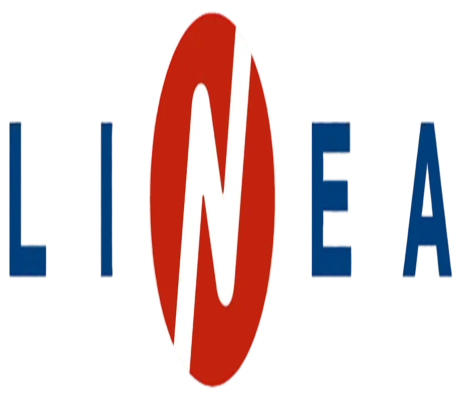 The word 'LINEA' spelled out in bold blue letters, with a large red circular emblem containing a white stylized 'N' in the center, on a transparent checkered background.